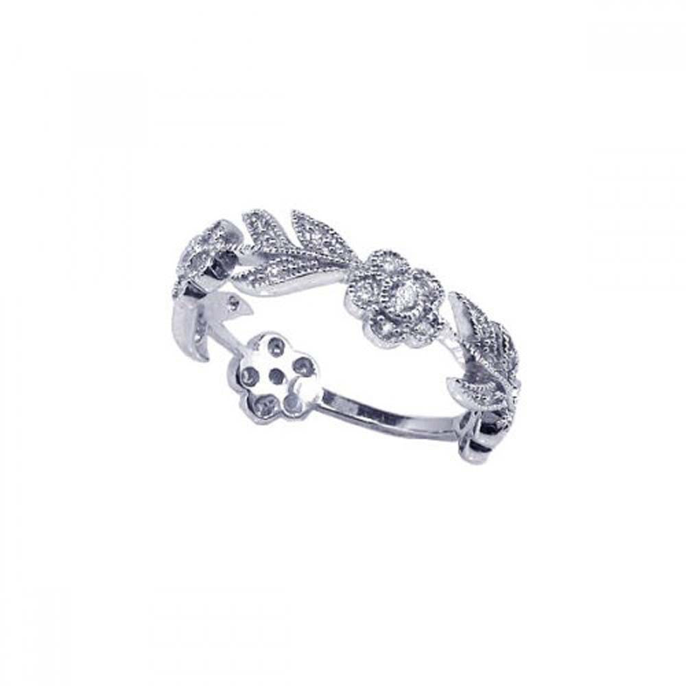 Sterling Silver Rhodium Plated Flower Leaf Shaped Eternity Ring With CZ Stones