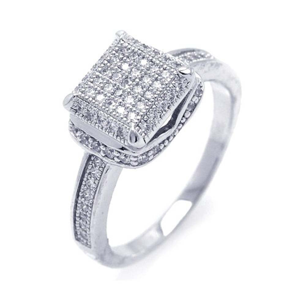 Sterling Silver Rhodium Plated Micro Pave CZ Square Ring