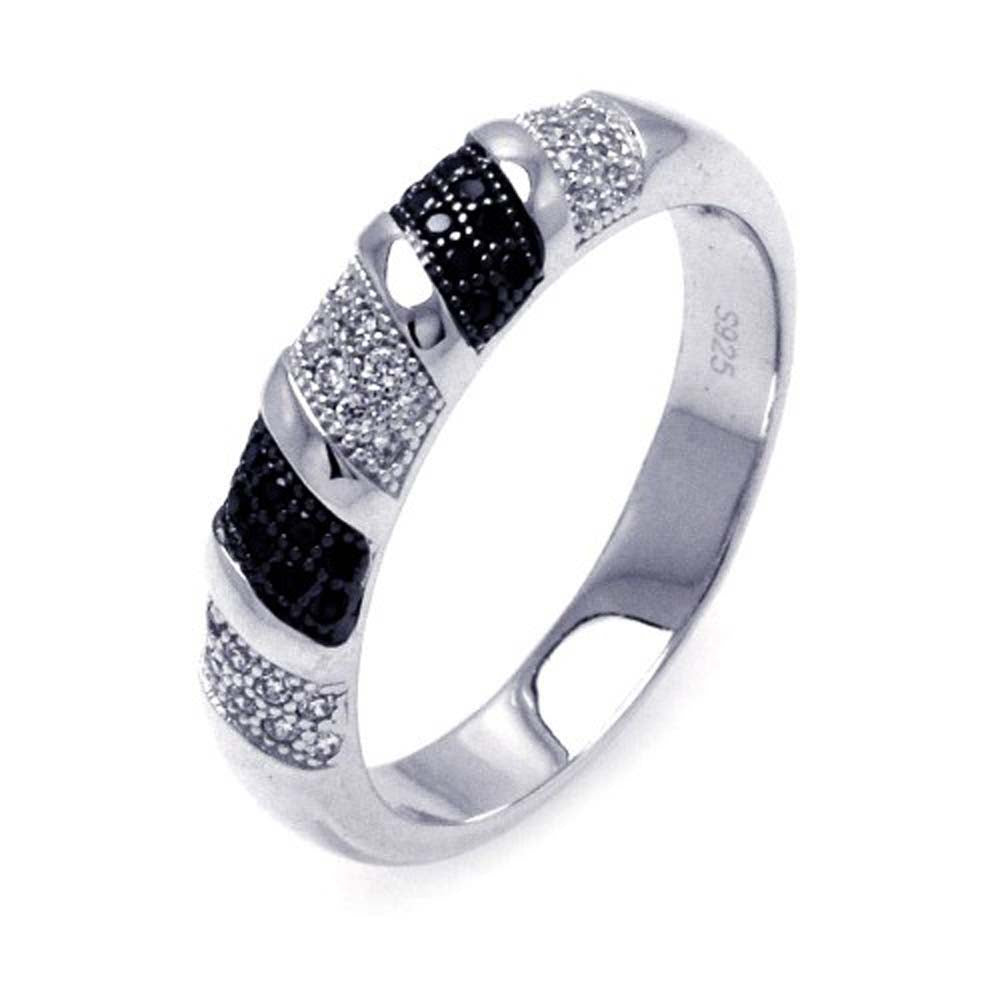 Sterling Silver Rhodium and Black Rhodium Plated Black and Clear Micro Pave CZ Stripe Ring