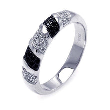 Load image into Gallery viewer, Sterling Silver Rhodium and Black Rhodium Plated Black and Clear Micro Pave CZ Stripe Ring