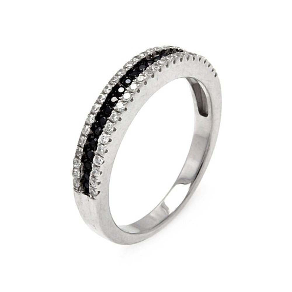 Sterling Silver Rhodium and Black Rhodium Plated  Half Micro Pave Black and Clear CZ Ring