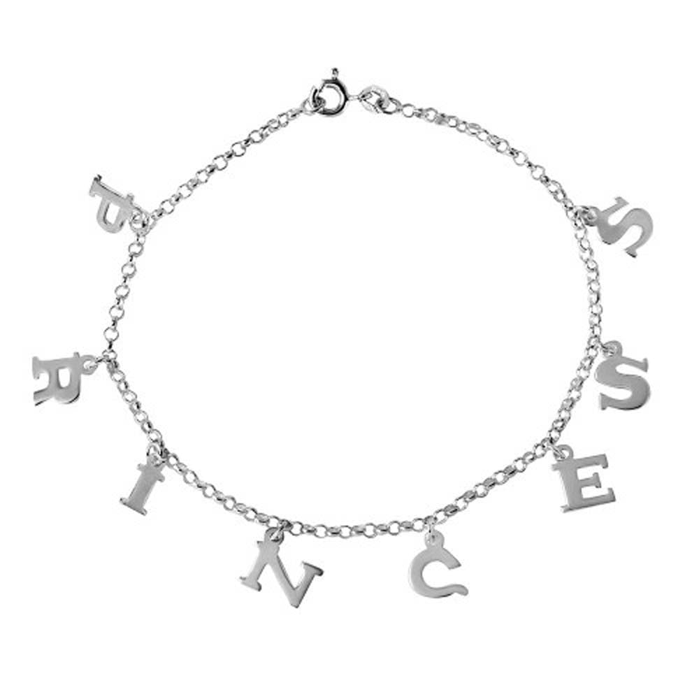 Sterling Silver Non Plated Princess Dangling Charm Link Anklet