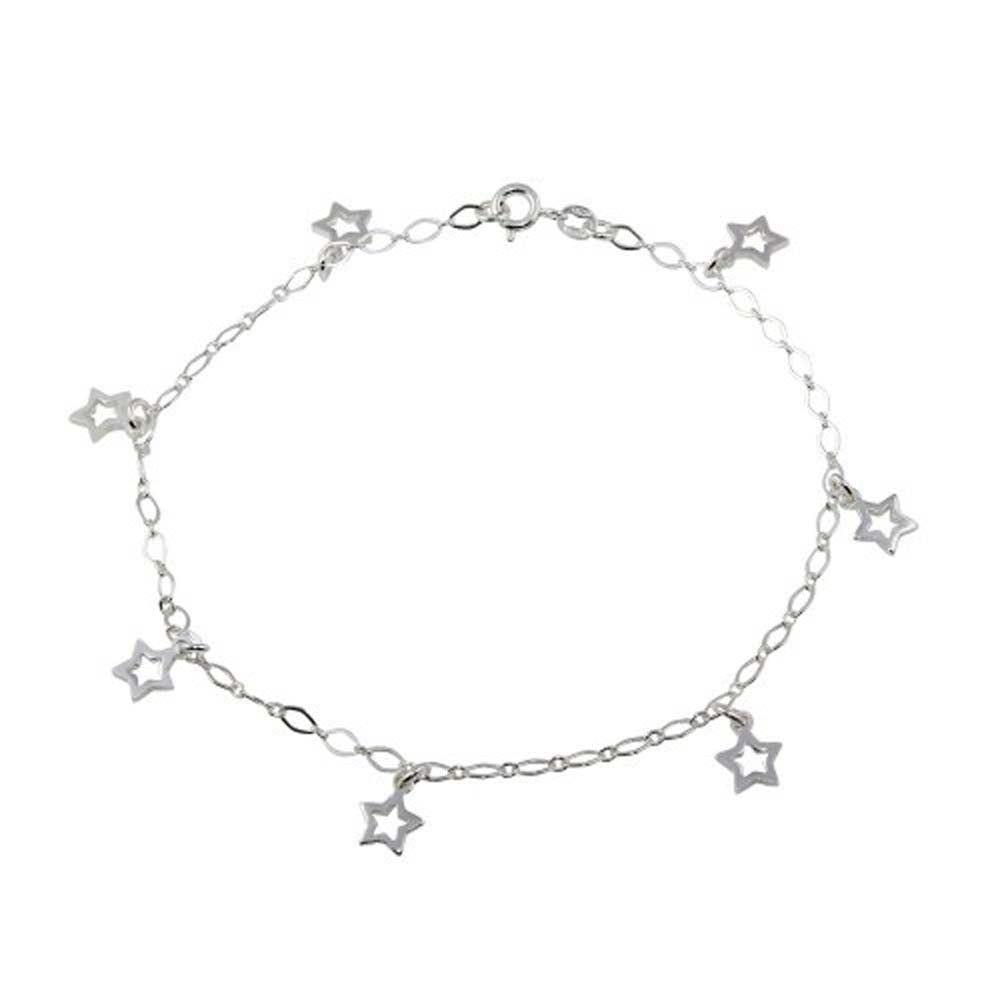 Sterling Silver Non Plated Open Star Dangling Charm Link Anklet
