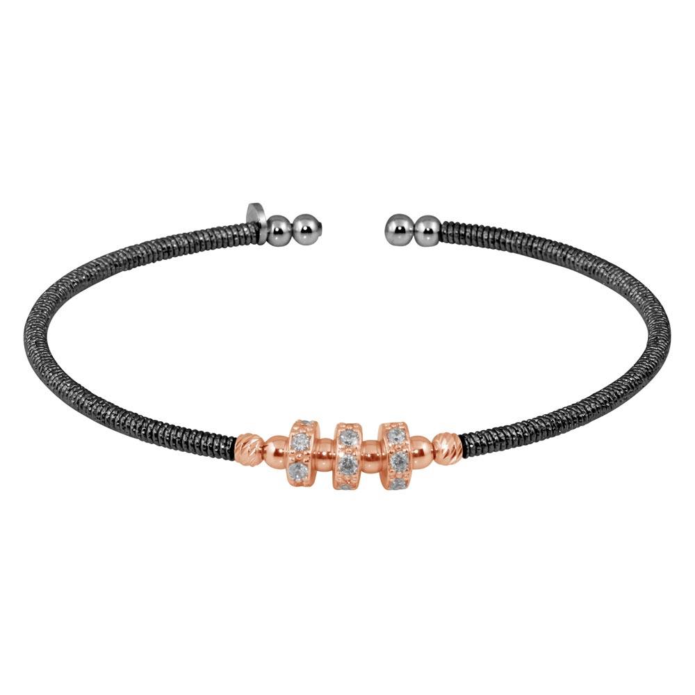 Sterling Silver Black Rhodium Plated Cuff with Rose Gold Beads and CZ