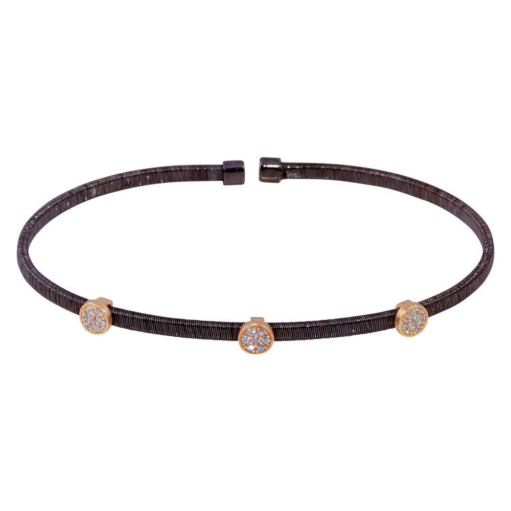 Sterling Silver Black Rhodium Plated Three Rose Gold Circle Open Bangle with CZ