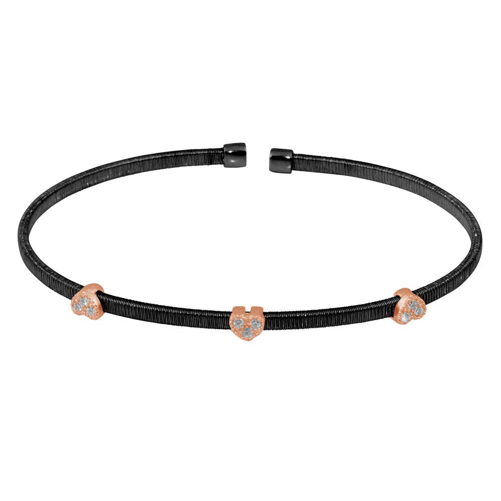 Sterling Silver Black Rhodium Plated Three Rose Gold Heart Open Bangle with CZ