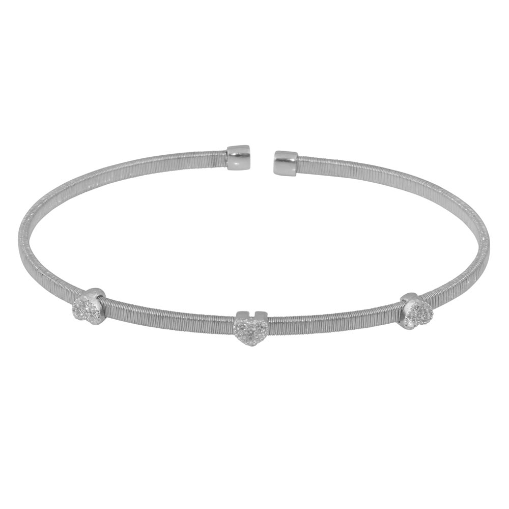 Sterling Silver Rhodium Plated Three Heart Open Bangle with CZ