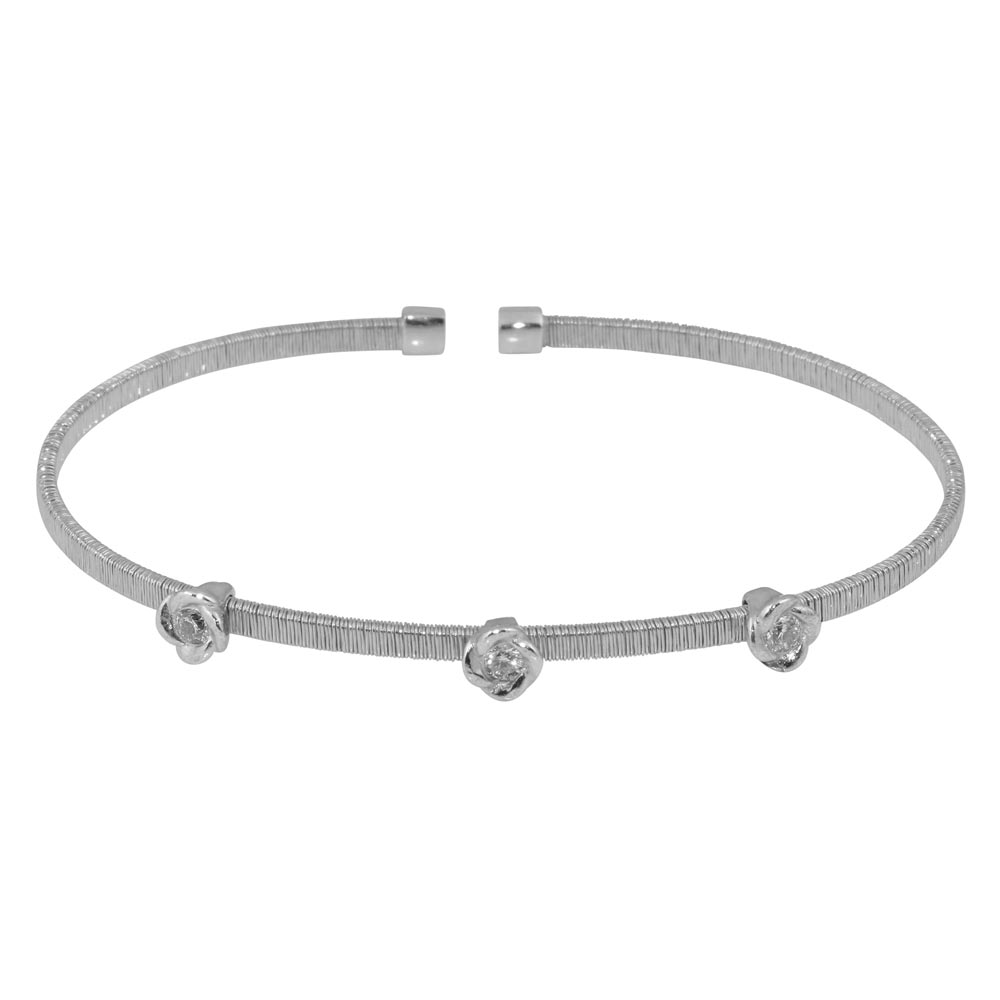 Sterling Silver Rhodium Plated Three Rose Cuffs with CZ