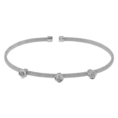 Sterling Silver Rhodium Plated Three Rose Cuffs with CZ