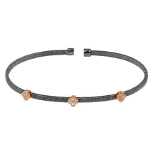 Load image into Gallery viewer, Sterling Silver Black Rhodium Plated Three Clover Rose Gold Plated Bangle With CZ