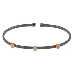 Sterling Silver Black Rhodium Plated Three Clover Rose Gold Plated Bangle With CZ