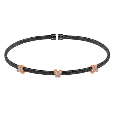 Sterling Silver Black Rhodium Plated Three Butterfly Open Bangle with CZ