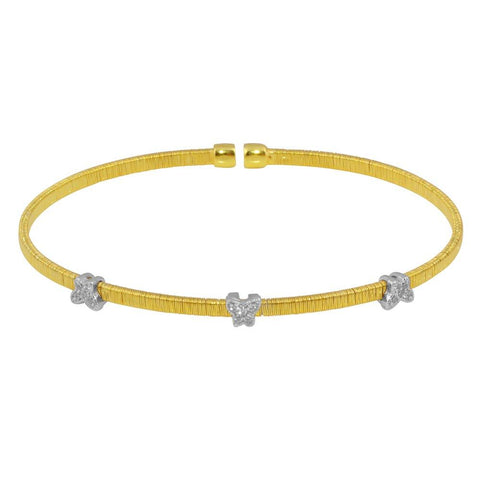 Sterling Silver Gold Plated Three Butterfly Open Bangle with CZ
