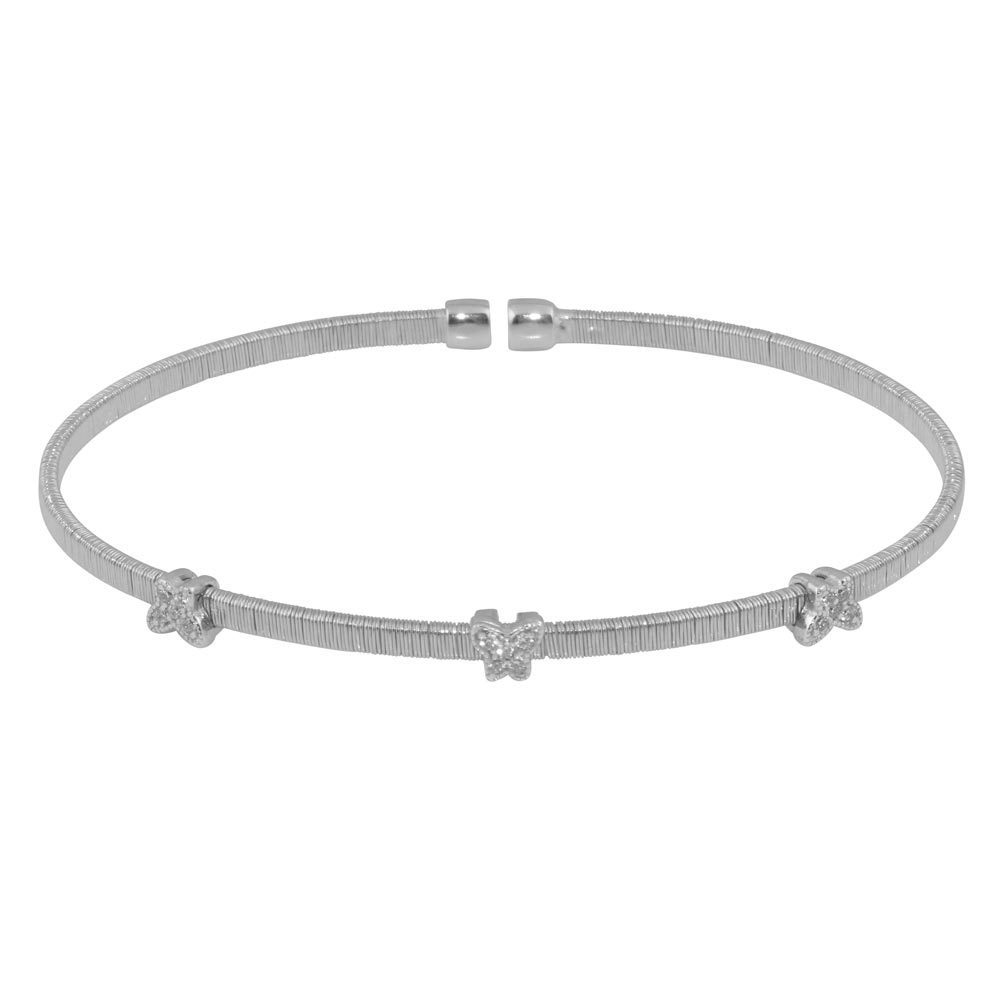 Sterling Silver Rhodium Plated Three Butterfly Open Bangle with CZ