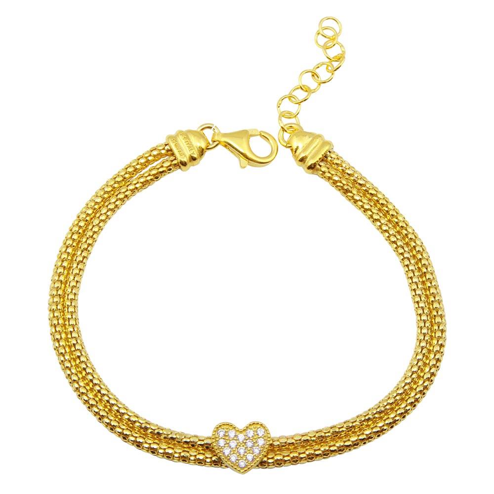 Sterling Silver Gold Plated Heart and Double Chain Bracelet with CZ