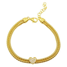 Load image into Gallery viewer, Sterling Silver Gold Plated Heart and Double Chain Bracelet with CZ