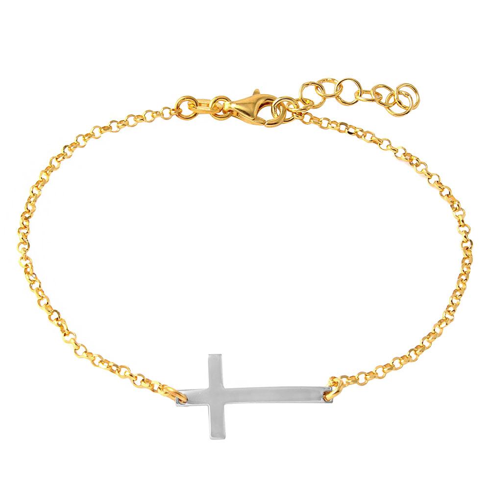Sterling Silver Rhodium Plated Italian Rolo Chain with Gold Plated CrossBracelet