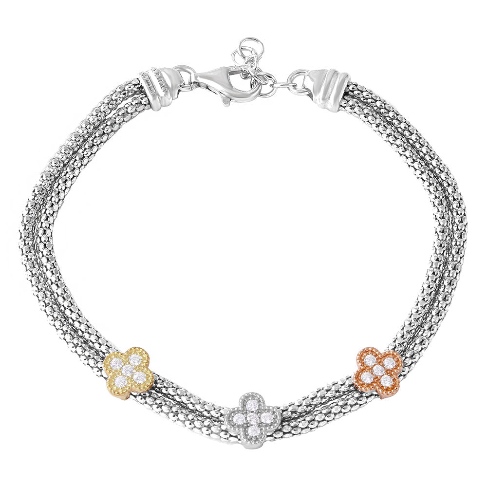 Sterling Silver Rhodium Plated Three Toned Clover CZ Leaves Bracelet