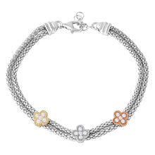 Load image into Gallery viewer, Sterling Silver Rhodium Plated Three Toned Clover CZ Leaves Bracelet