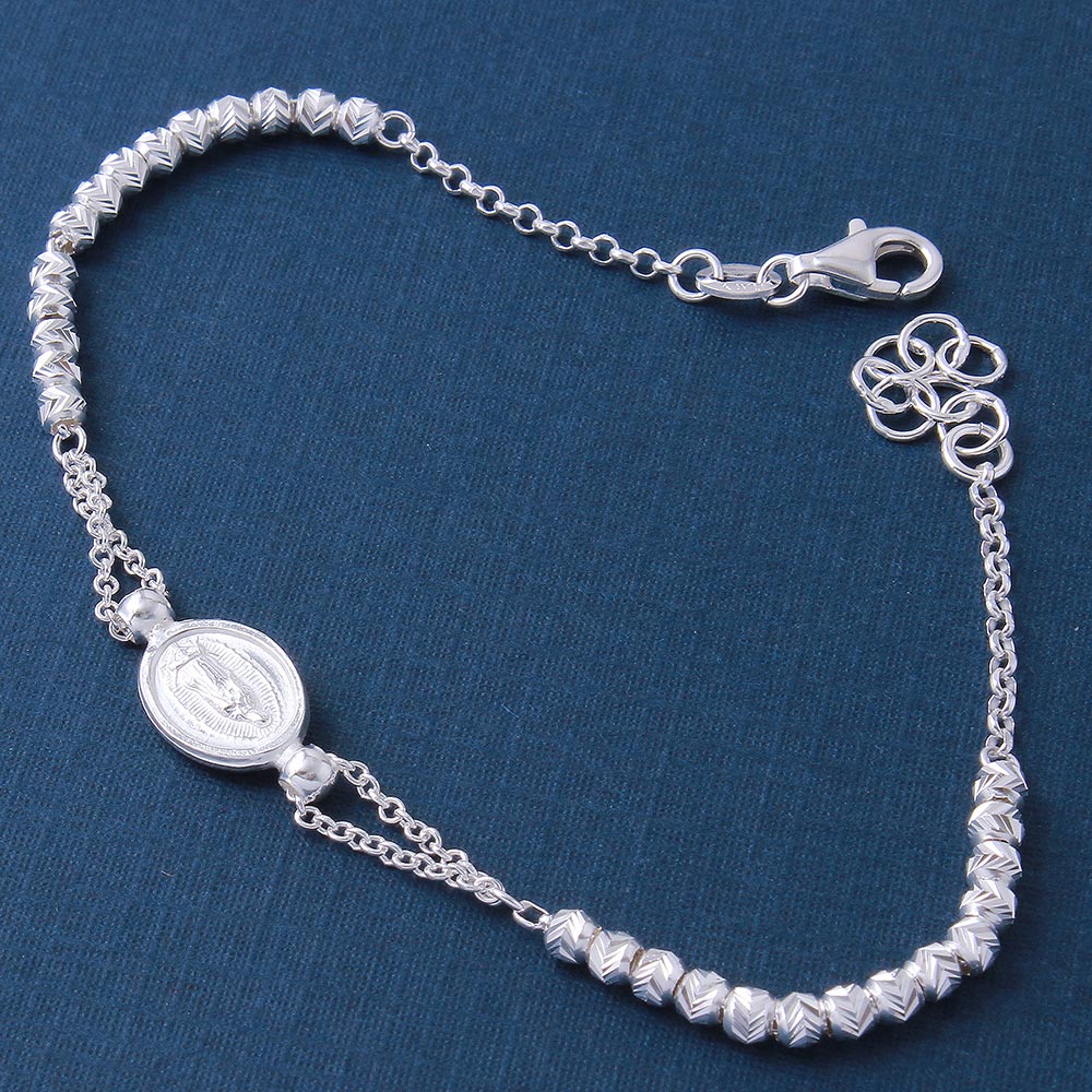 Sterling Silver Diamond Cut Beads With Religious Medallion Charm Bracelets