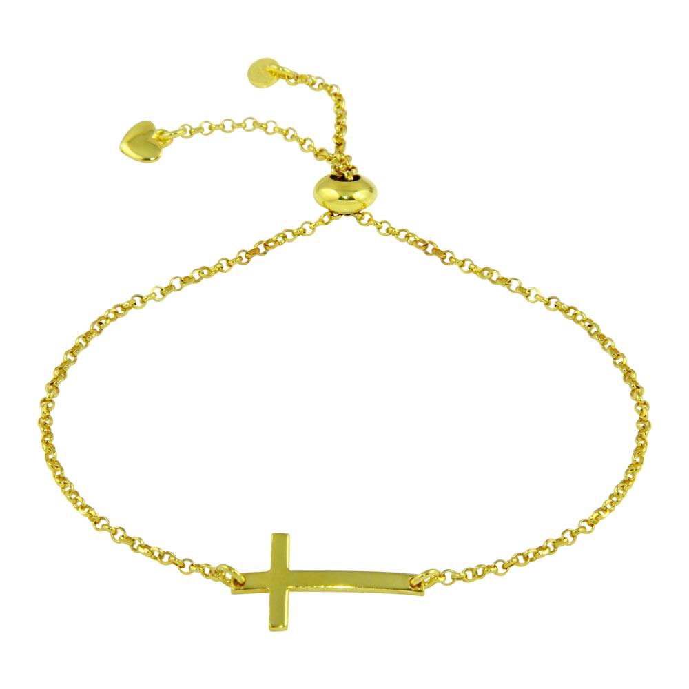 Sterling Silver Gold Plated Horizontal Cross Bracelet with Heart Charm