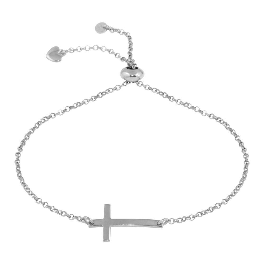 Sterling Silver Rhodium Plated Horizontal Cross Bracelet with Heart Charm10