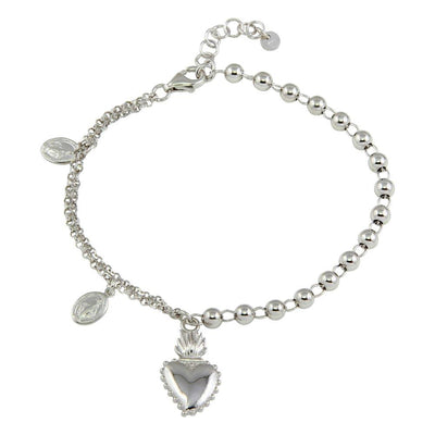 Sterling Silver Rhodium Plated Lady of Guadalupe Bead Bracelet with Heart Charm