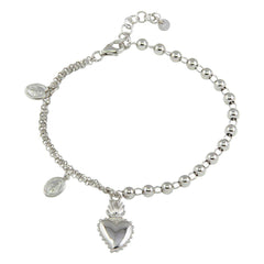 Sterling Silver Rhodium Plated Lady of Guadalupe Bead Bracelet with Heart Charm