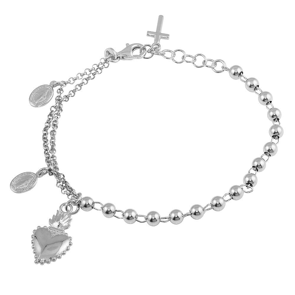 Sterling Silver Rhodium Plated Two Toned Heart Center Dangling Charm Bead Bracelet