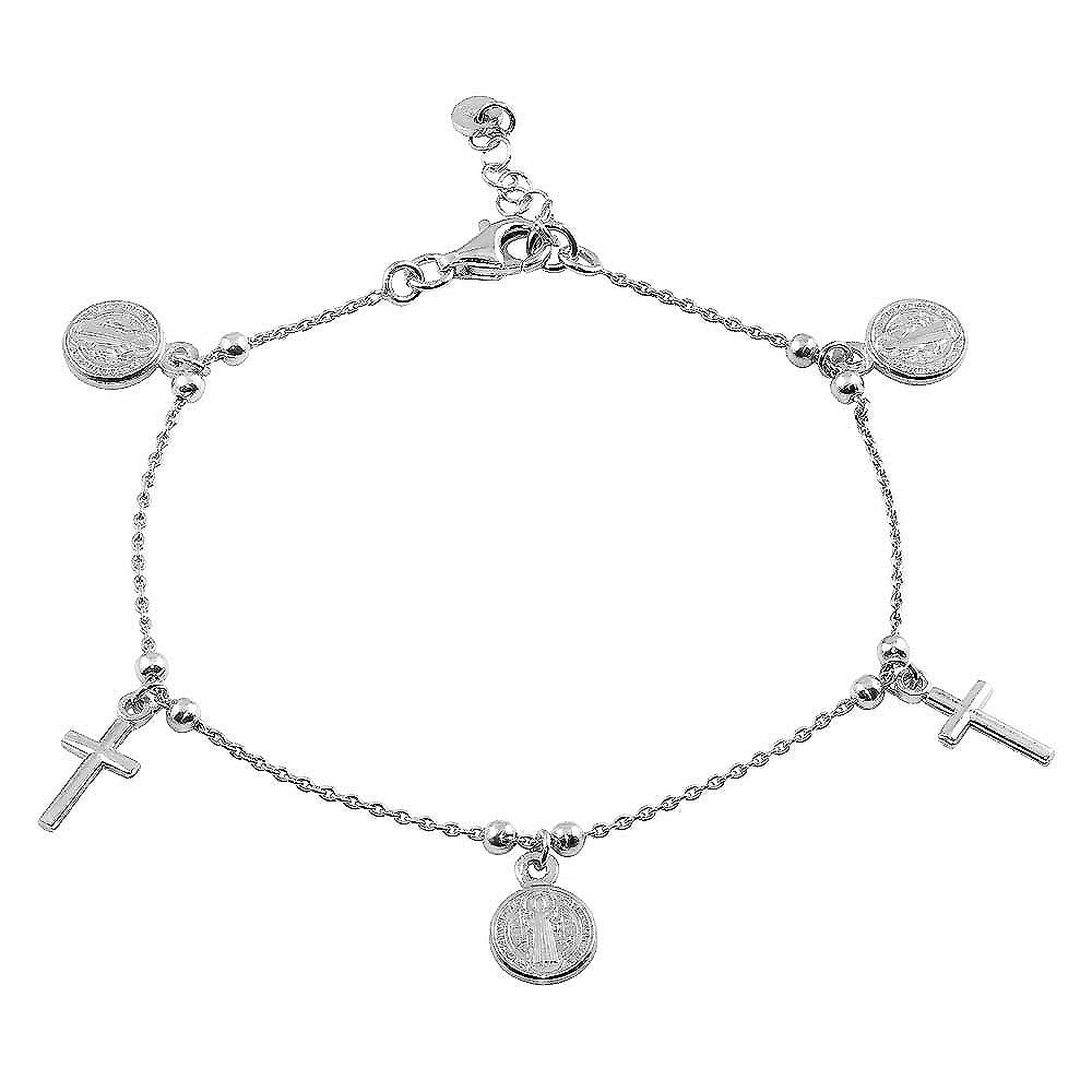 Sterling Silver Rhodium Plated Two Toned Dangling Charm Bead Bracelet