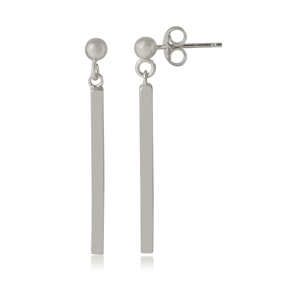 Sterling Silver Rhodium Plated Drop Down Bar Shaped Earrings