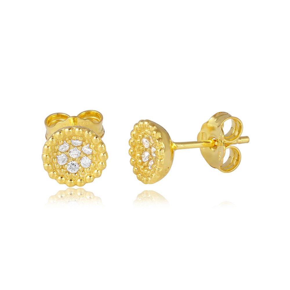 Sterling Silver Gold Plated Encrusted Bowl Shaped  Stud Earrings With CZ Stones