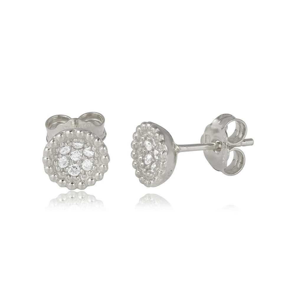 Sterling Silver Rhodium Plated Encrusted Bowl Shape Stud Earrings With CZ Stones