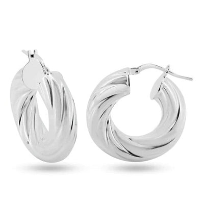 Sterling Silver Rhodium Plated Twisted Inner Size 12mm Hoop Earrings
