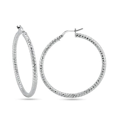 Sterling Silver Rhodium Plated Silver 3mm Diamond Cut Textured Hoop Earrings