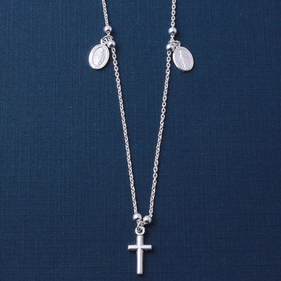 Sterling Silver High Polished Cross and Charms Necklace