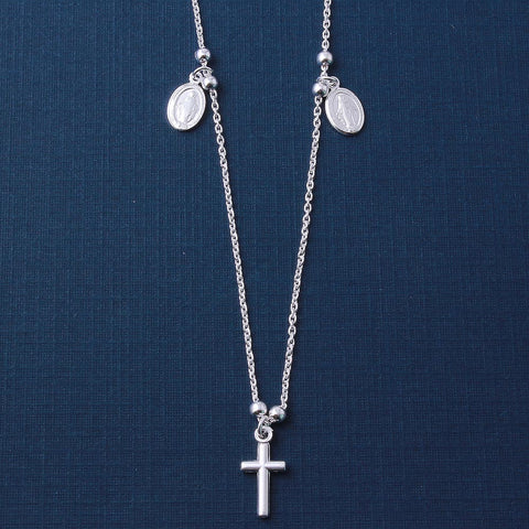 Sterling Silver High Polished Cross and Charms Necklace