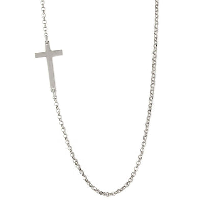 Sterling Silver Rhodium Plated Rolo Necklace With Cross