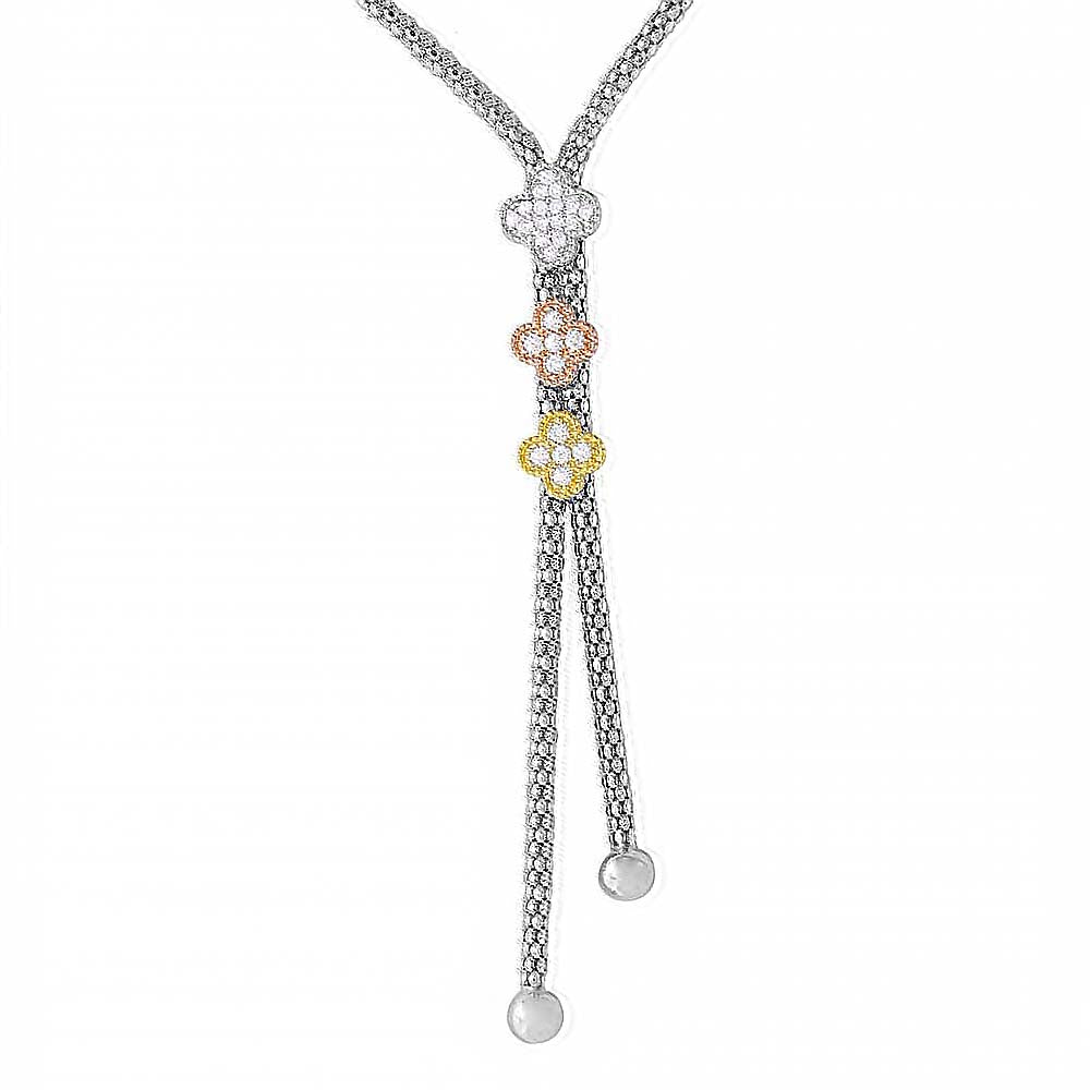 Sterling Silver Rhodium Plated Italian Drop Chain With 3 Toned Flowers���������.925 Necklace