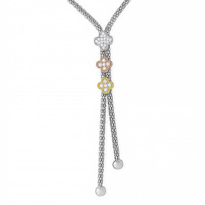 Sterling Silver Rhodium Plated Italian Drop Chain With 3 Toned Flowers.925 Necklace