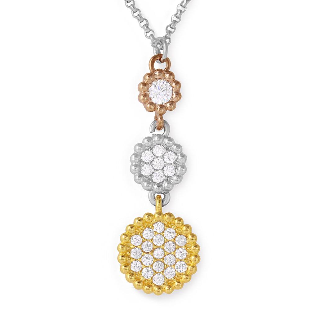 Sterling Silver Rhodium Plated Graduated 3 Toned Circle Drop Necklace
