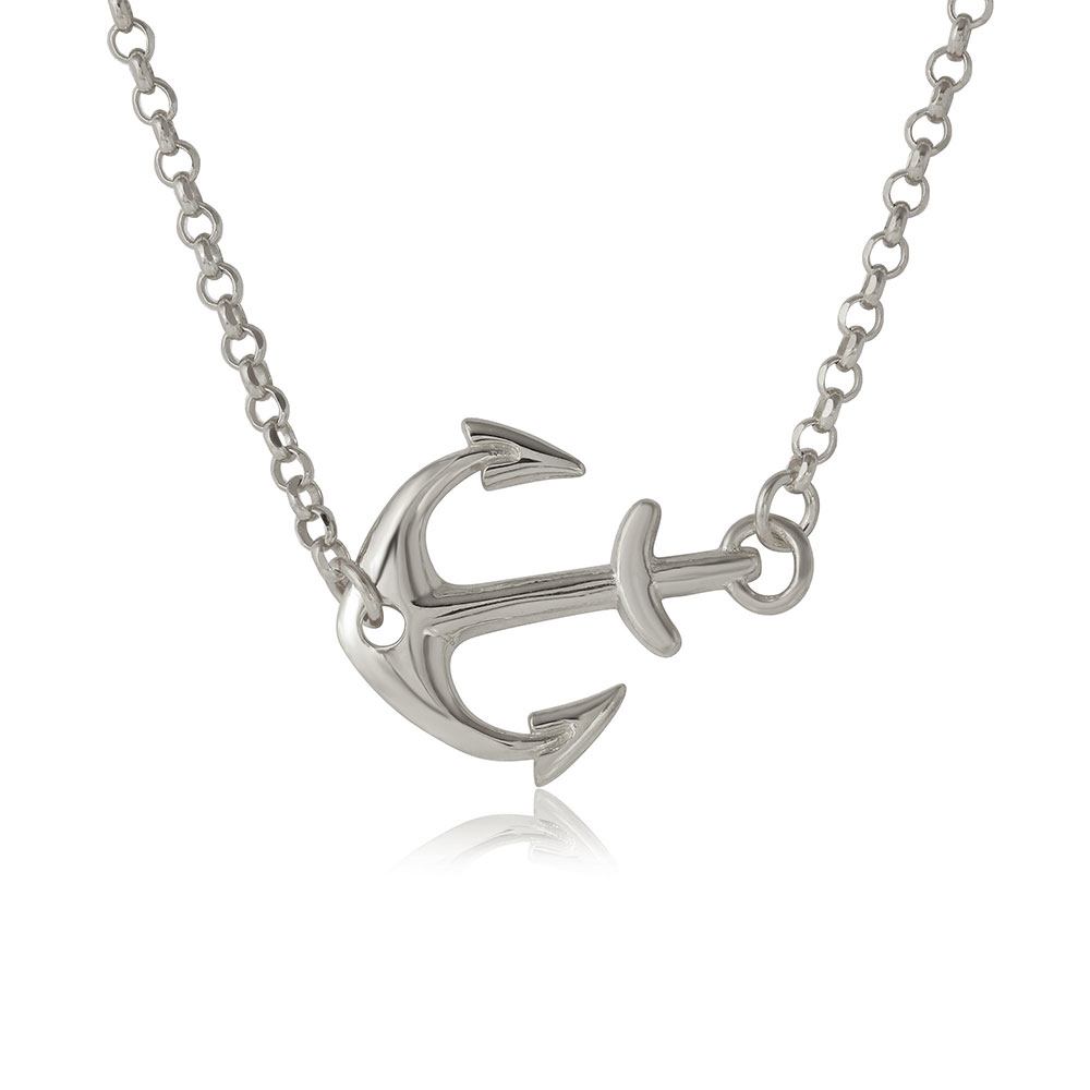 Sterling Silver Rhodium Plated Anchor Necklace