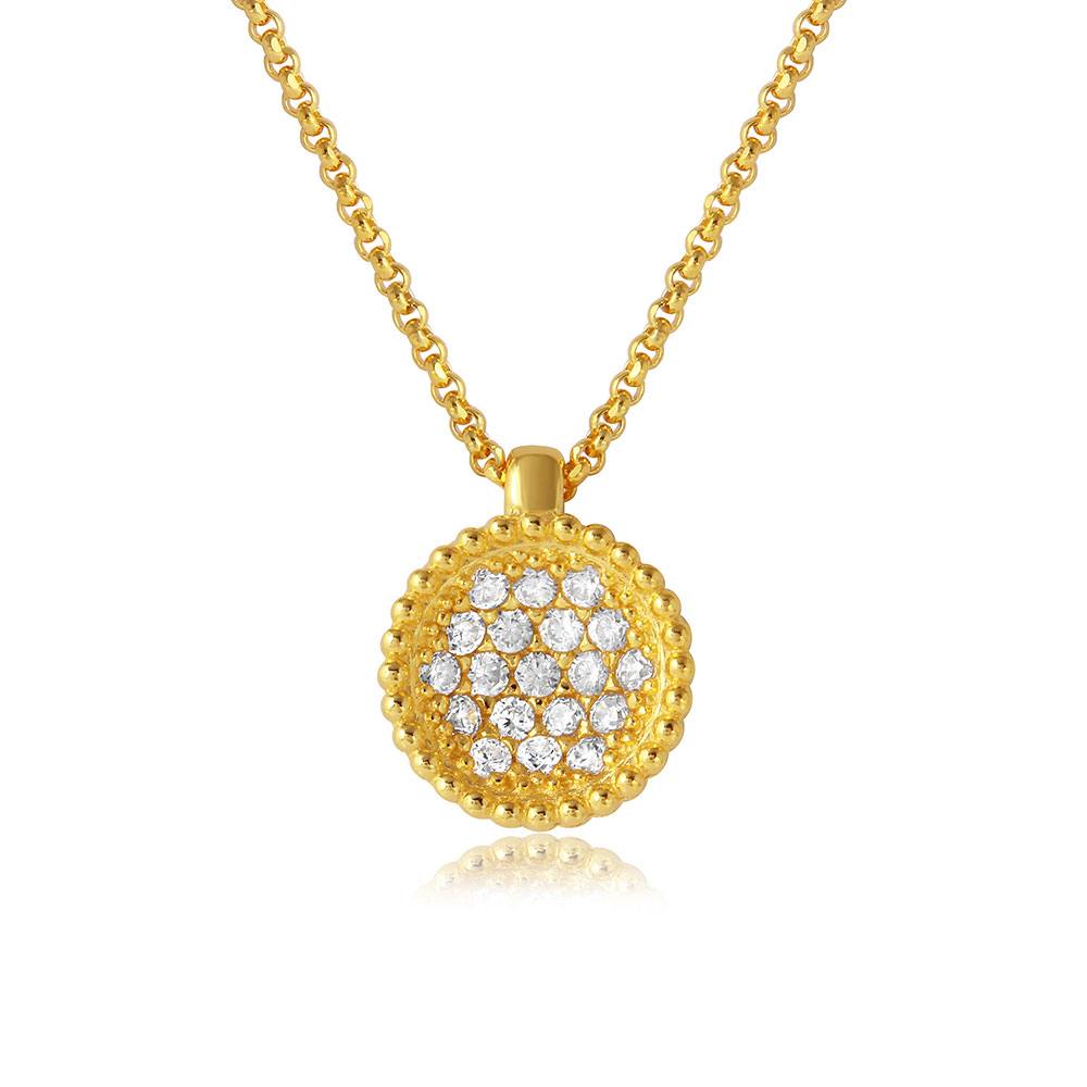 Sterling Silver Gold Plated CZ Encrusted Round Bowl Pendant with .925 Chain