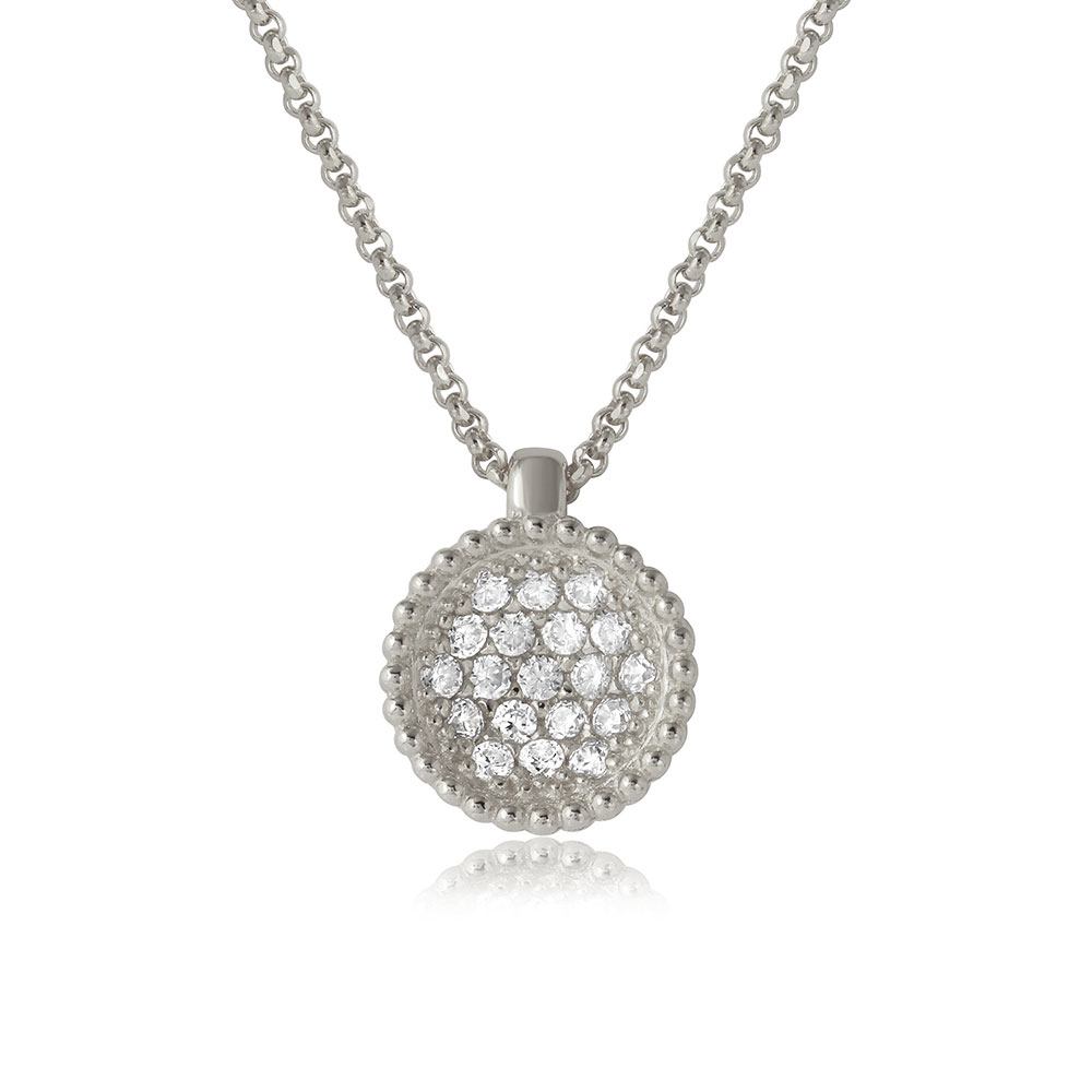 Sterling Silver Rhodium Plated CZ Encrusted Round Bowl Pendant with .925 Chain