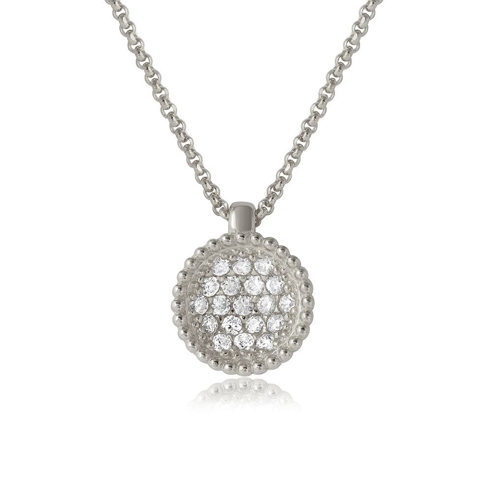 Sterling Silver Rhodium Plated CZ Encrusted Round Bowl Pendant with .925 Chain