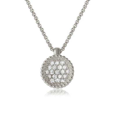 Sterling Silver Rhodium Plated CZ Encrusted Round Bowl Pendant with .925 Chain