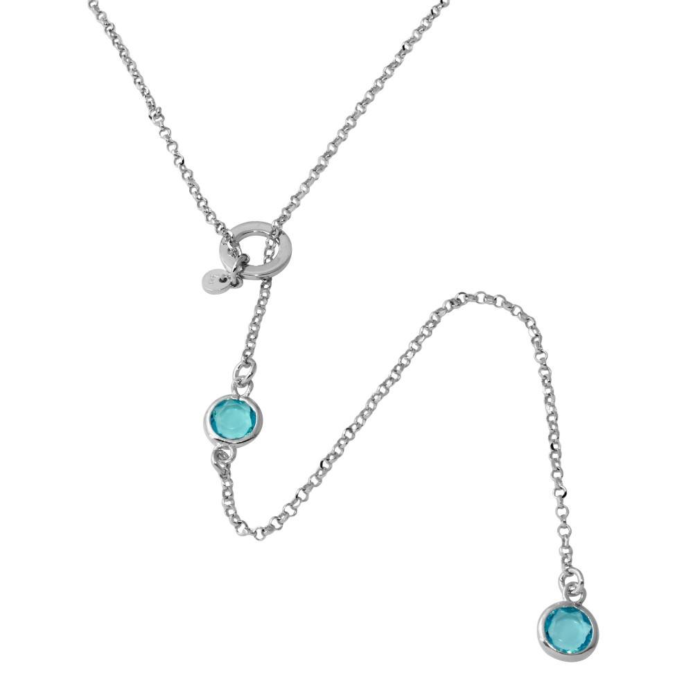 Sterling Silver Rhodium Plated Dropped Light Blue Round CZ Necklace with Adjustable Ring