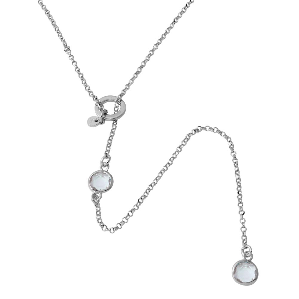 Sterling Silver Rhodium Plated Dropped Clear Round CZ Necklace with Adjustable Ring
