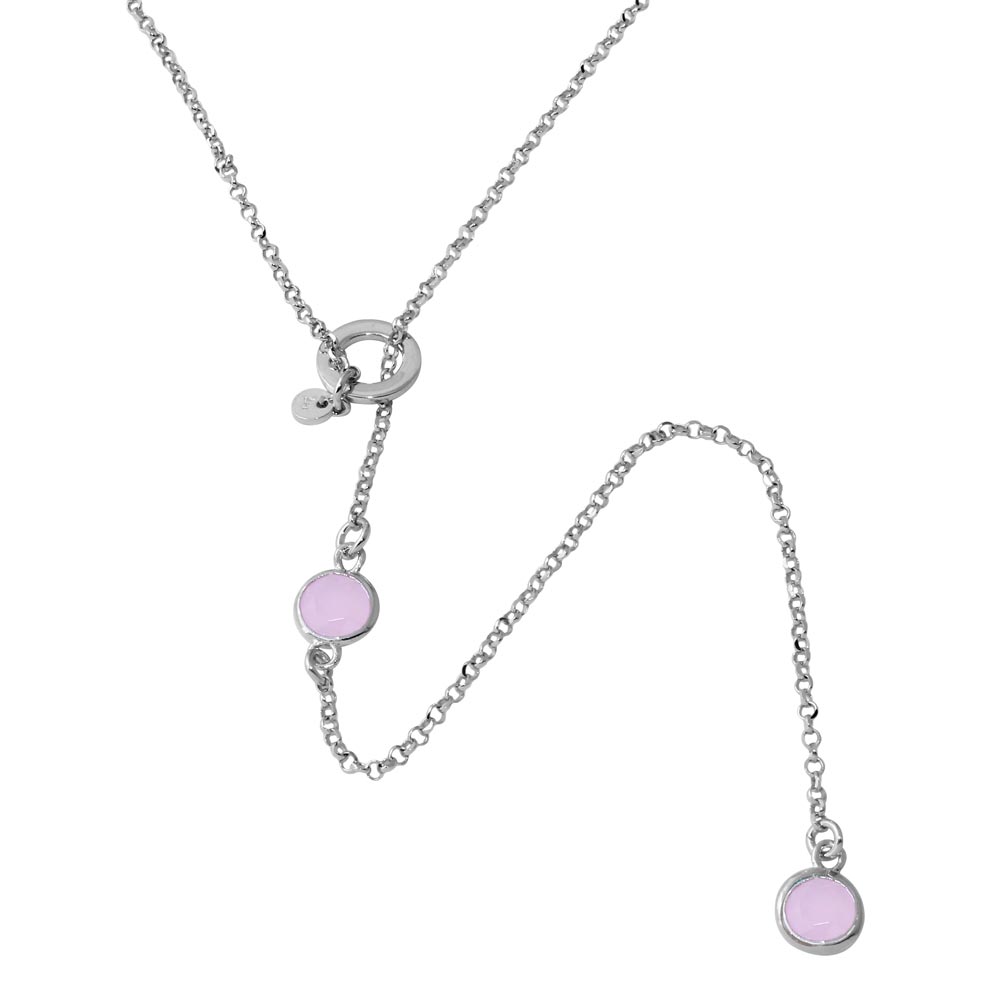 Sterling Silver Rhodium Plated Dropped Pink Round CZ Necklace with Adjustable Ring