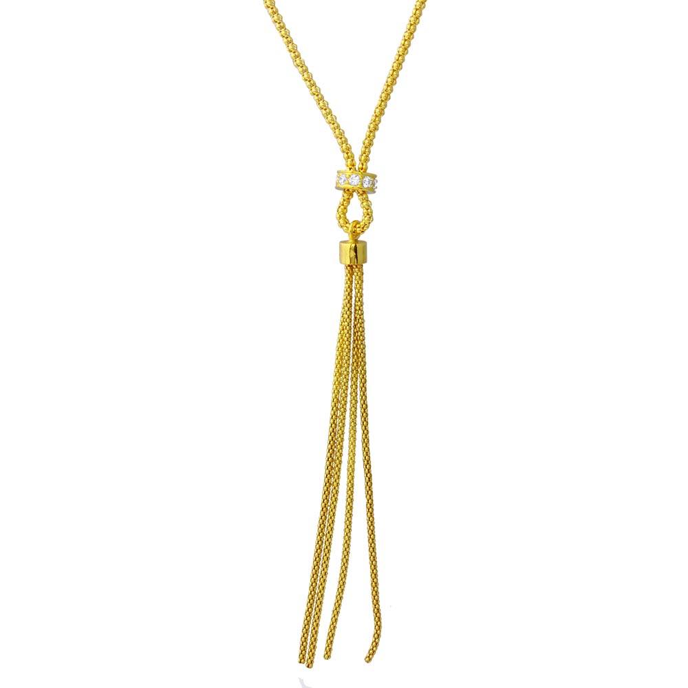 Sterling Silver Gold Plated Tassel Drop Necklace with Connected CZ Ring Knot